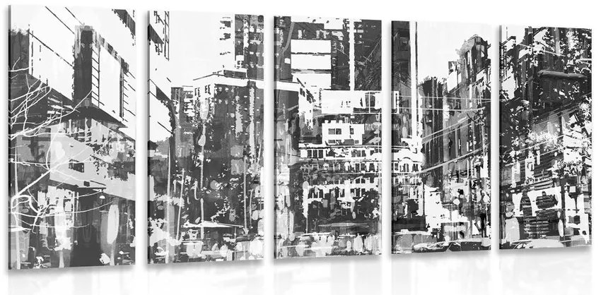 Quadri 5 pezzi – Panorami urbani astratti in bianco e nero