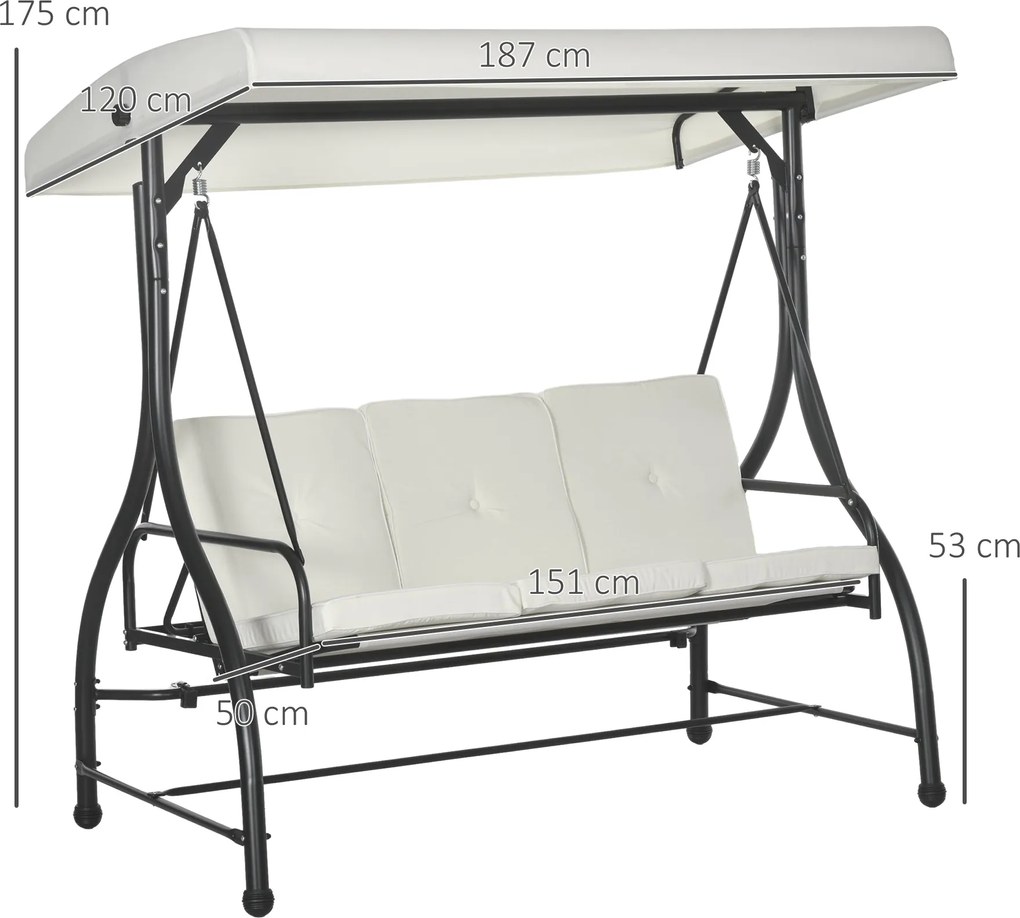 Dondolo Letto da Giardino 3 Posti con Tettuccio Regolabile 195x117x175 cm in Acciaio e Poliestere Crema e Nero...