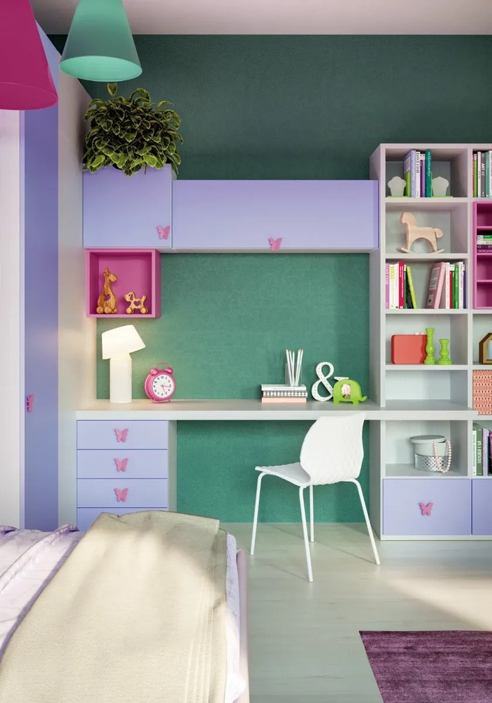 Cameretta completa doppia Capy linea Colorfull finitura Nuvola Frassino, Ciclamino e Malva