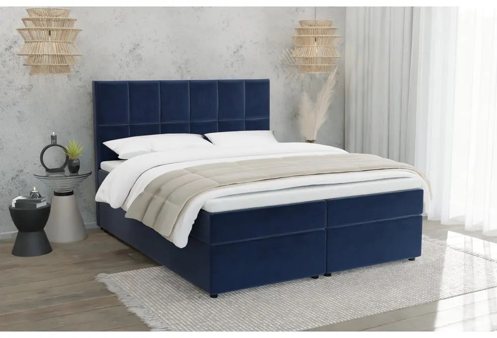 Letto matrimoniale imbottito blu scuro con spazio contenitivo 140x200 cm Flip - Ropez