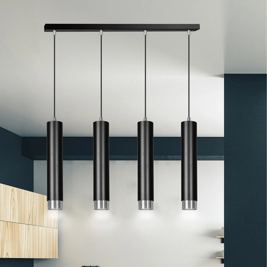 Lampadario 4 Luci Brunilde In Acciaio Nero E Tubolari In Nero E Cromo