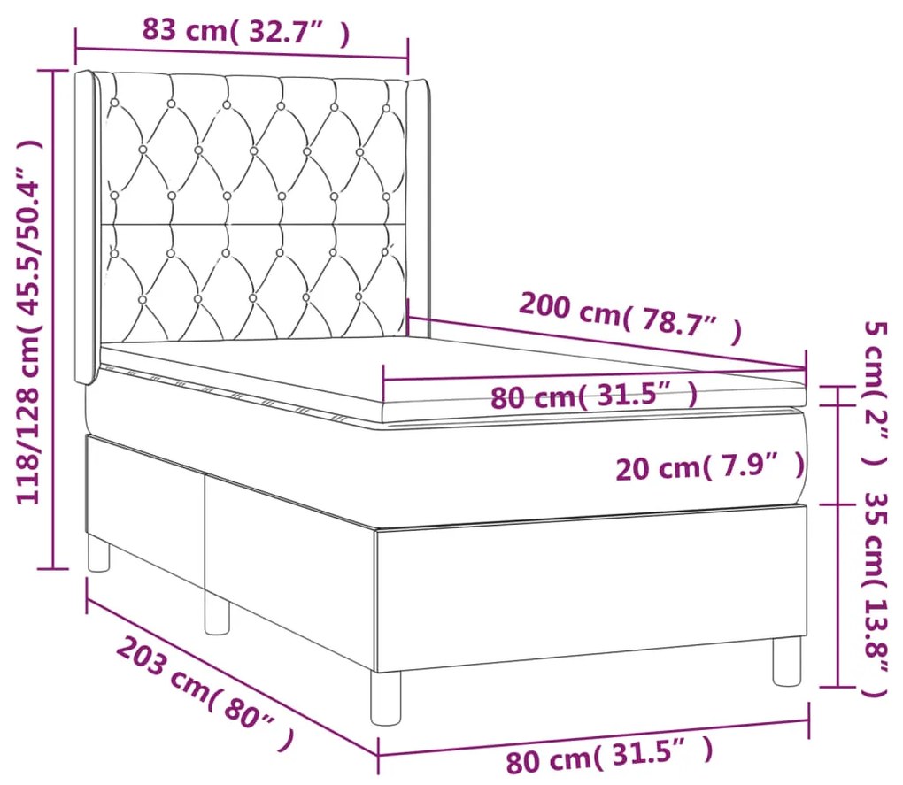 Letto a Molle con Materasso e LED Nero 80x200 cm in Velluto