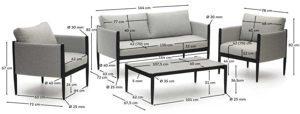 Kave Home - Set Satuna 2 poltrone, divano 2 posti e tavolino in metallo con finitura satinata