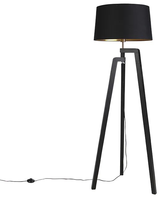 Lampada da terra a treppiede con paralume in cotone nero con oro 50 cm - Puros