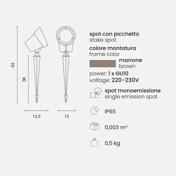 Lampada spot GURU 12x53 cm a picchetto per esterni in alluminio Marrone