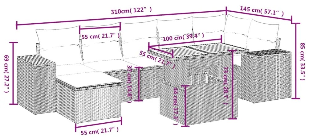 Set divani da giardino con cuscini 8 pz nero in polyrattan