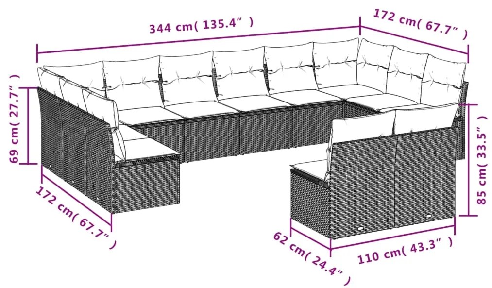 Set divani da giardino 12 pz con cuscini grigio in polyrattan