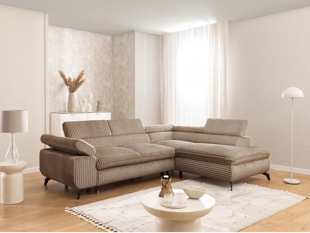 Divano angolare marrone (con penisola a destra/a L) con rivestimento in velluto a coste Marbeya – Ropez