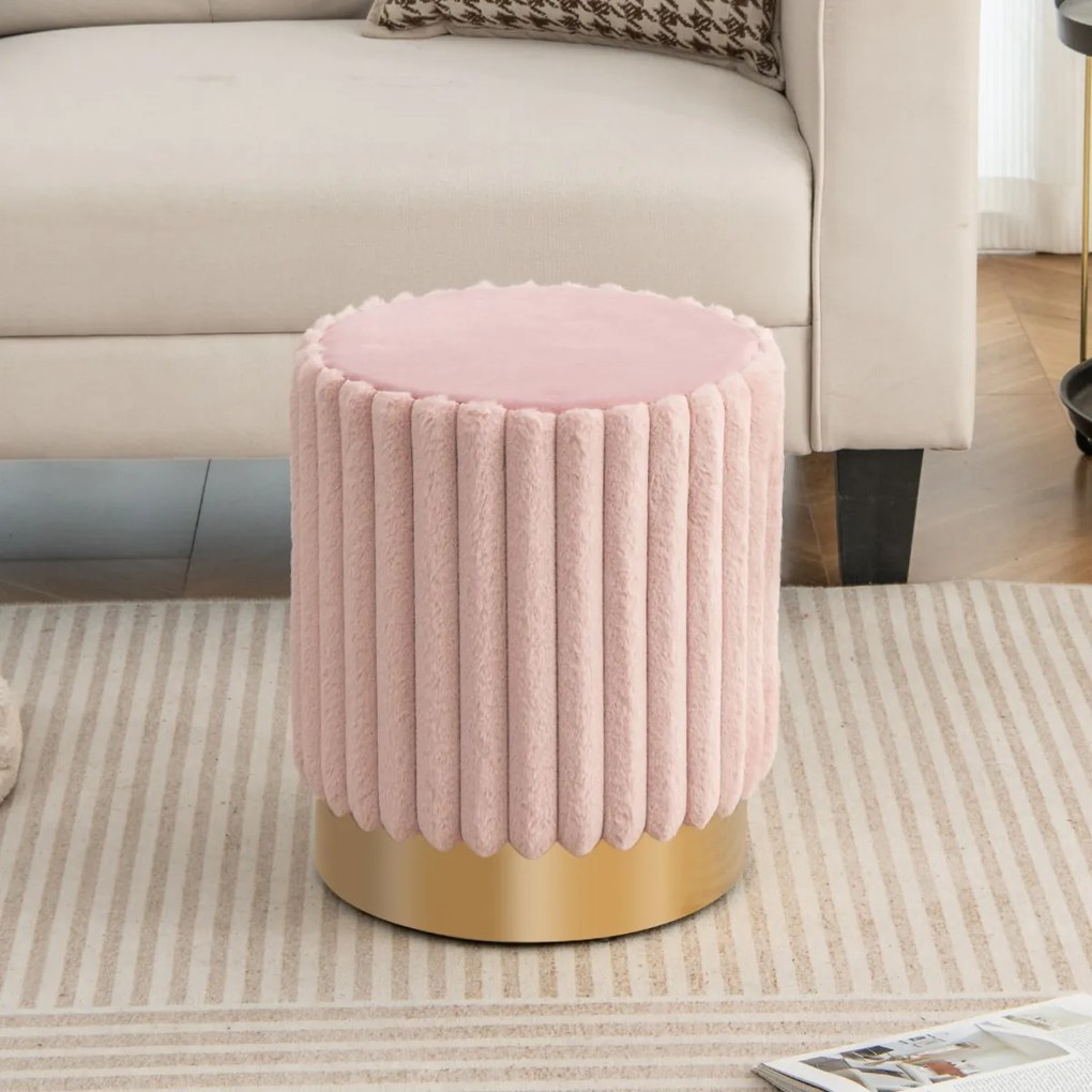 Costway Pouf rotondo in velluto moderno, Sgabello poggiapiedi imbottito con pregiata cucitura verticale decorativa Rosa