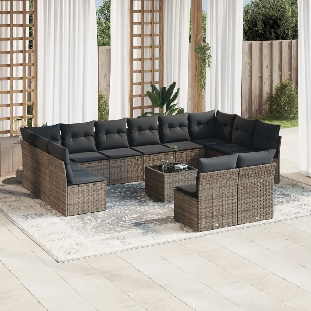 Set Divani da Giardino 13 pz con Cuscini Grigio in Polyrattan