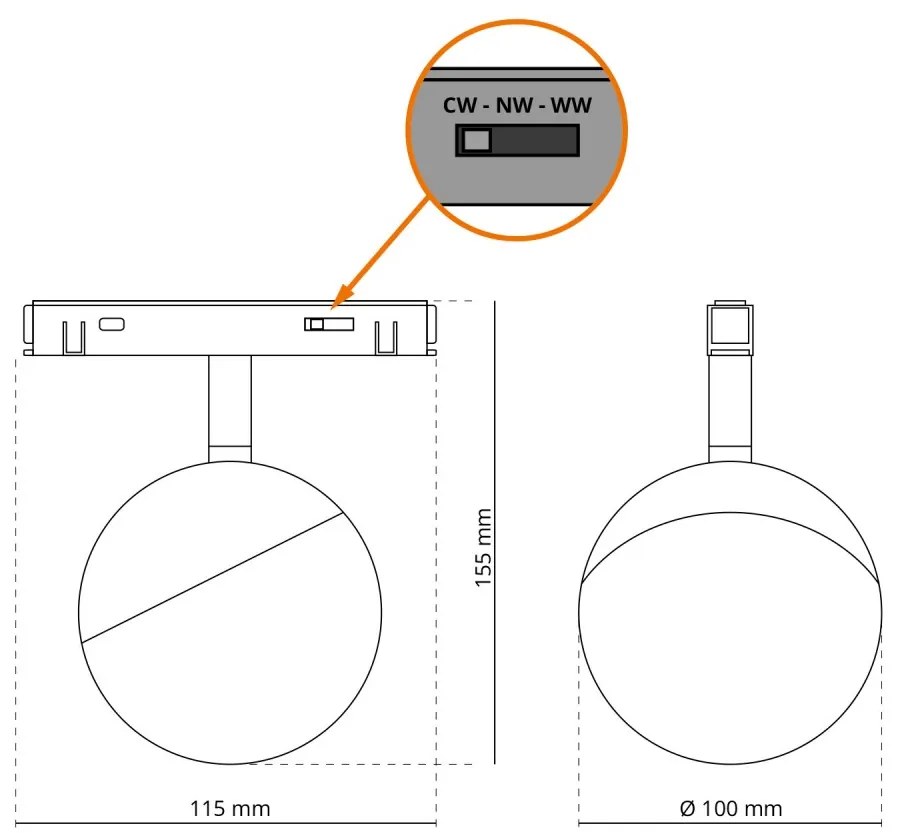 Sfera LED 7W Magnetica, CCT, Angolo 180°, Bianca Colore Bianco Variabile CCT