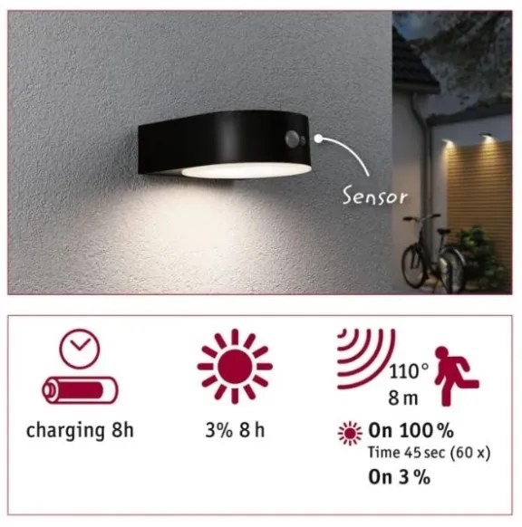 Paulmann 94570 - LED/5,5W IP44 Applique solare con sensore EILEEN 3,7V