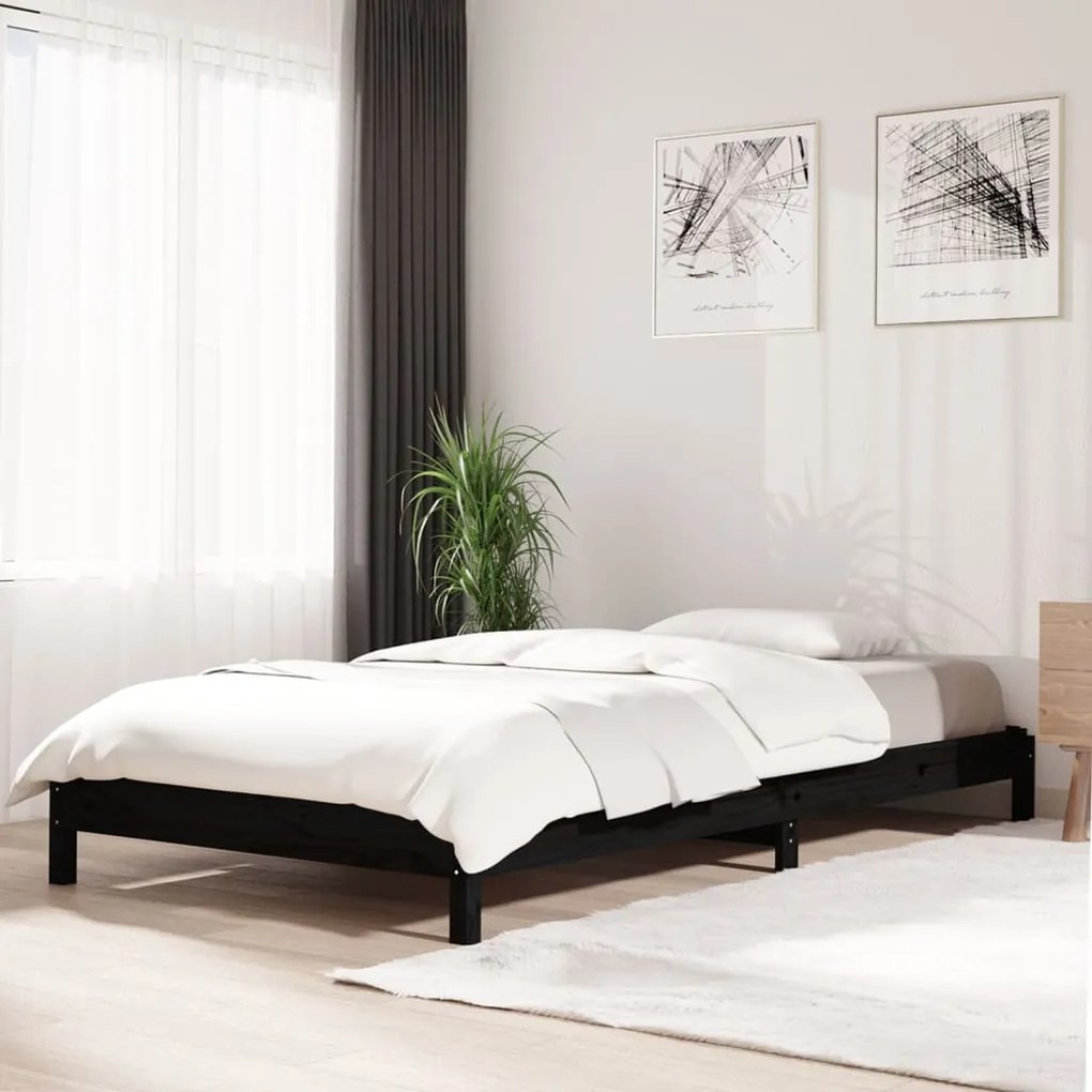 Letto Impilabile Nero 80x200 Cm İn Legno Massello Di Pino /