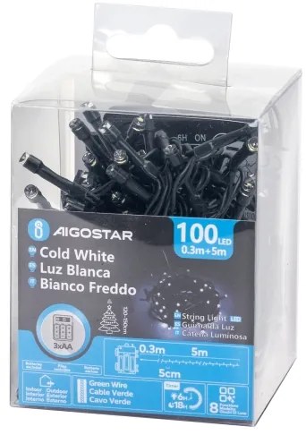 Aigostar - Catena luminosa LED per esterni, 100 LED / 8 funzioni, 3xAA, 5,3 m, IP44, bianco freddo