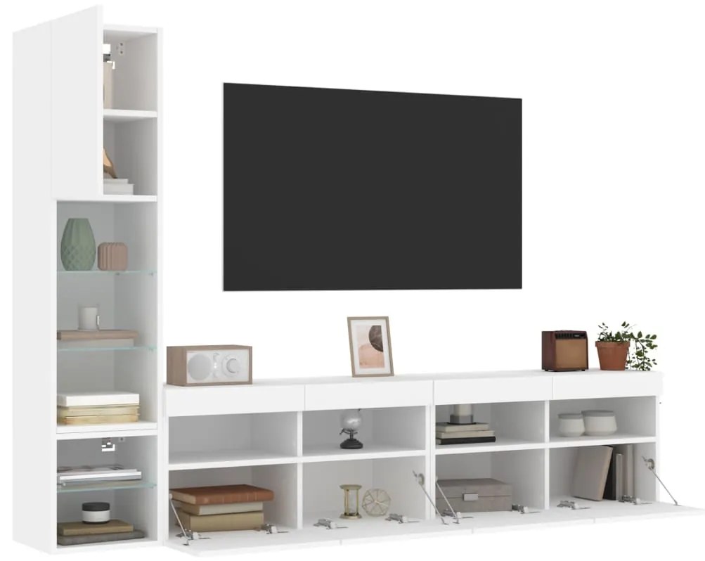 Mobili TV a Muro con LED 4pz Bianchi in Legno Multistrato