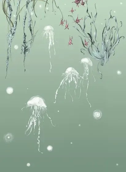 Edmond Petit Carta da parati Nautilus/ Méduses/ Nénuphars - Méduses gauche - Aqua