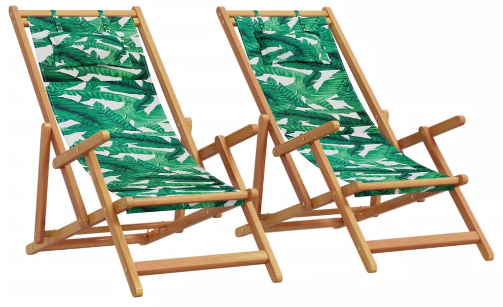 Sedie Da Spiaggia Pieghevoli 2 Pz Motivo Foglie Tessuto E Legno /