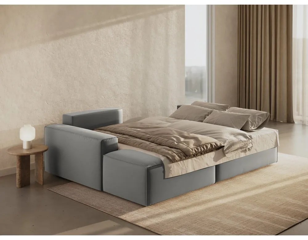 Divano angolare grigio chiaro allungabile/con contenitore (con penisola a sinistra/con chaise lounge) con rivestimento in velluto Jodie – Micadoni