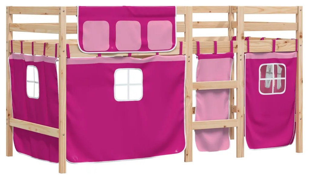 Letto a soppalco con tende bambini rosa 90x200 cm massello pino