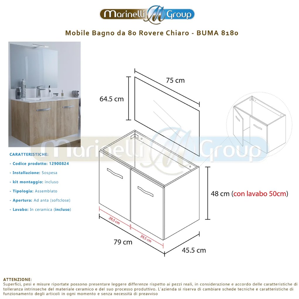 Mobile bagno BUMA80 Rovere Chiaro con lavabo e specchio - 8180