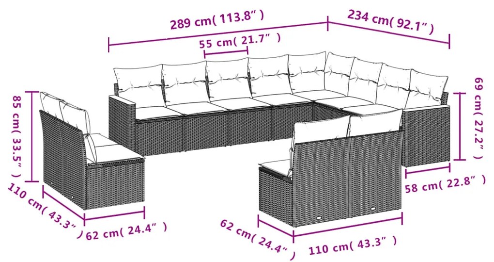 Set Divani da Giardino 12 pz con Cuscini Nero in Polyrattan