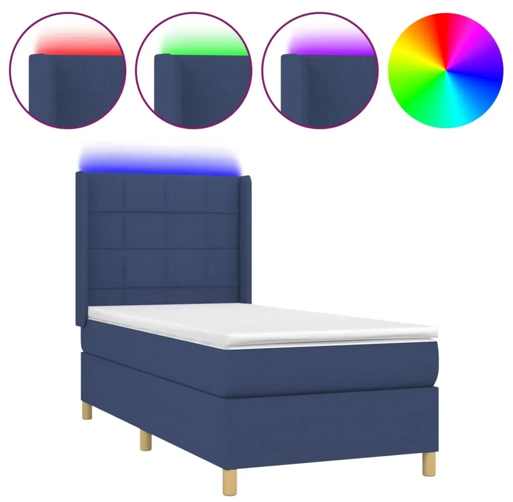 Letto a molle con materasso e led blu 90x190 cm in tessuto