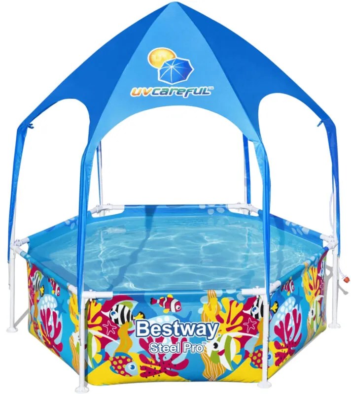 Bestway - Piscina per Bambini Steel Pro con Parasole Splash-in-Shade Ø183x51 cm Animali Marini a Partire dai 3 Anni