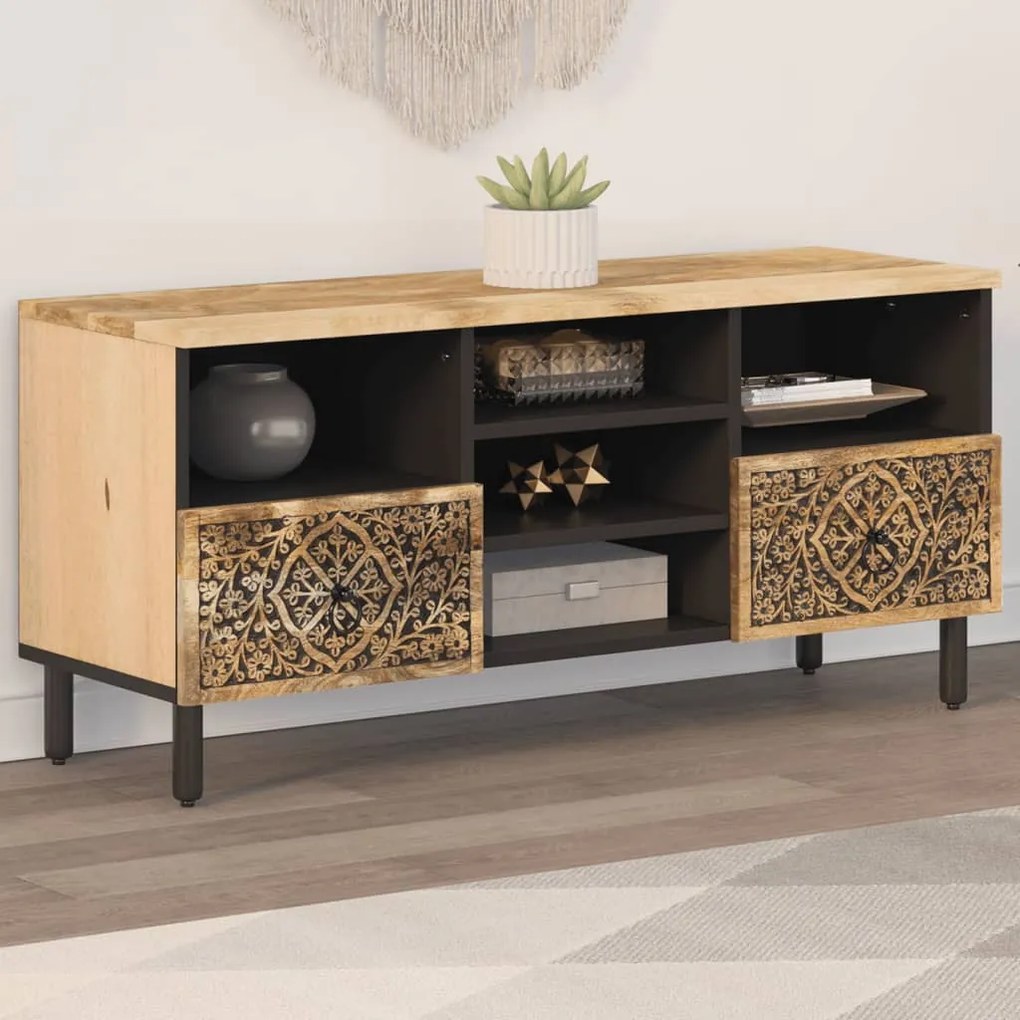 Mobile Porta Tv 100x33x46 Cm İn Legno Massello Di Mango /
