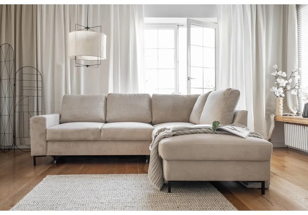 Divano letto angolare in velluto a coste beige (angolo destro) Lofty Lilly - Miuform