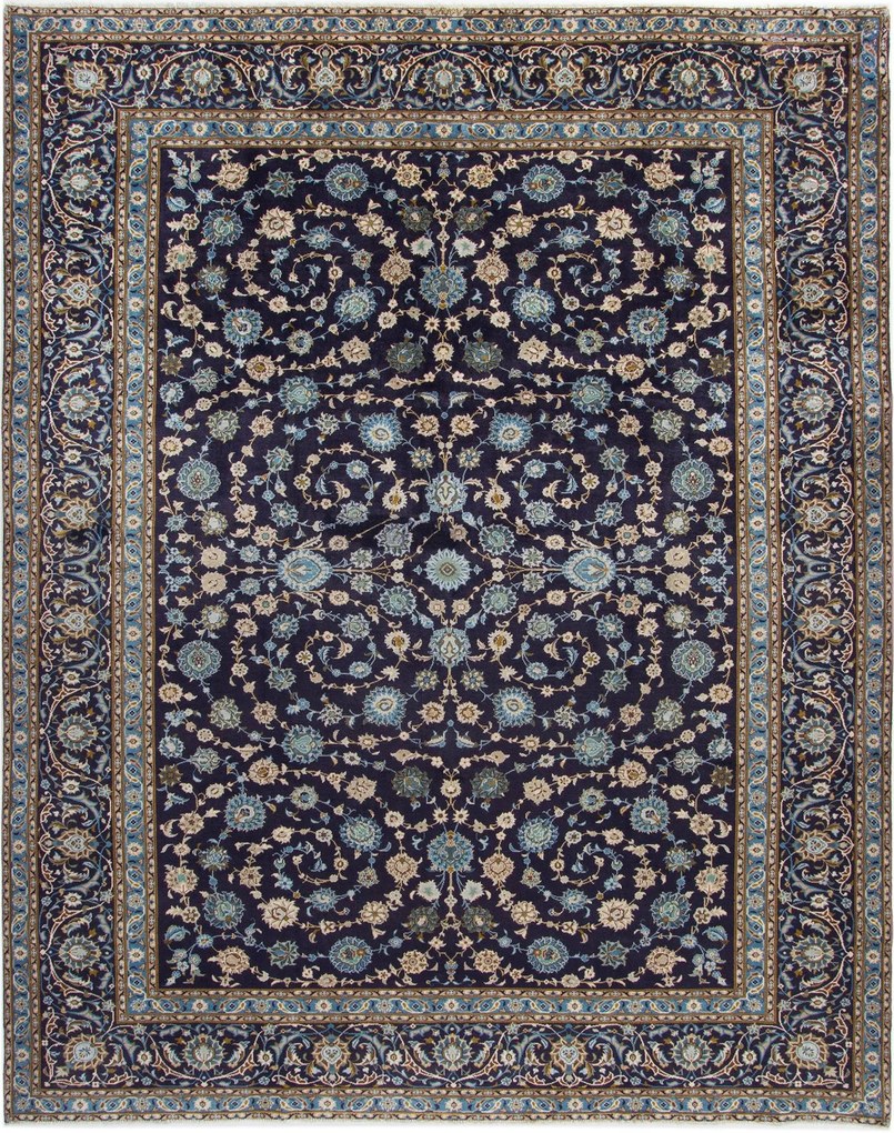 Kashan Tappeto 390x300 Blu (Iran) Annodato A Mano