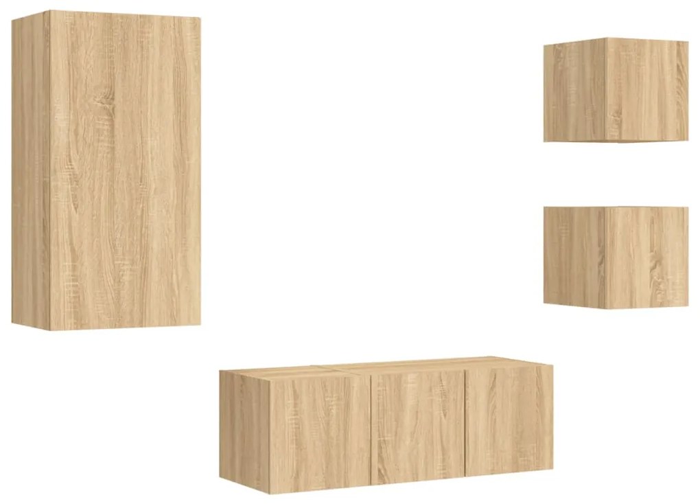 Mobili tv a muro con led 5pz rovere sonoma legno multistrato