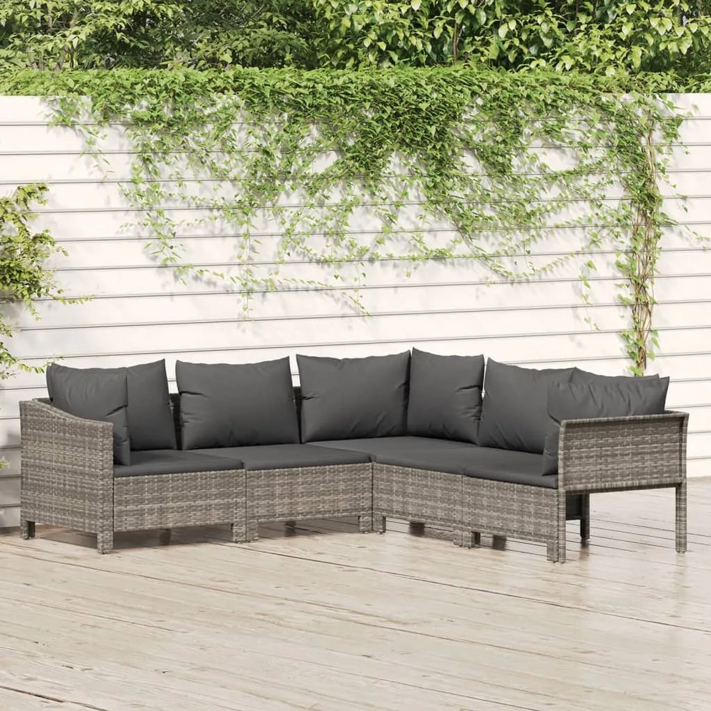 Set Divani da Giardino 5 pz con Cuscini in Polyrattan Grigio