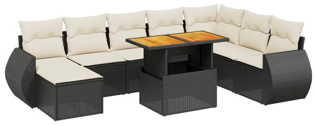 Set divani da giardino 9 pz con cuscini nero in polyrattan