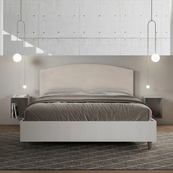 Letto contenitore da 160x190 in legno bianco e testata in microfibra sabbia Antilia
