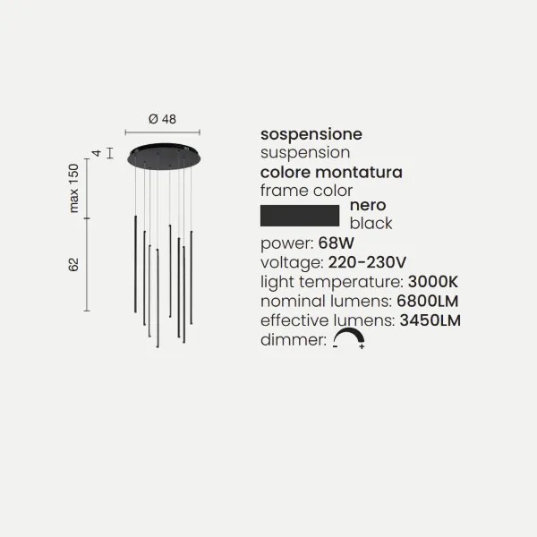 Lampada a sospensione Led verticale 48 cm in metallo verniciato Nero - GENIUS 8 Luci