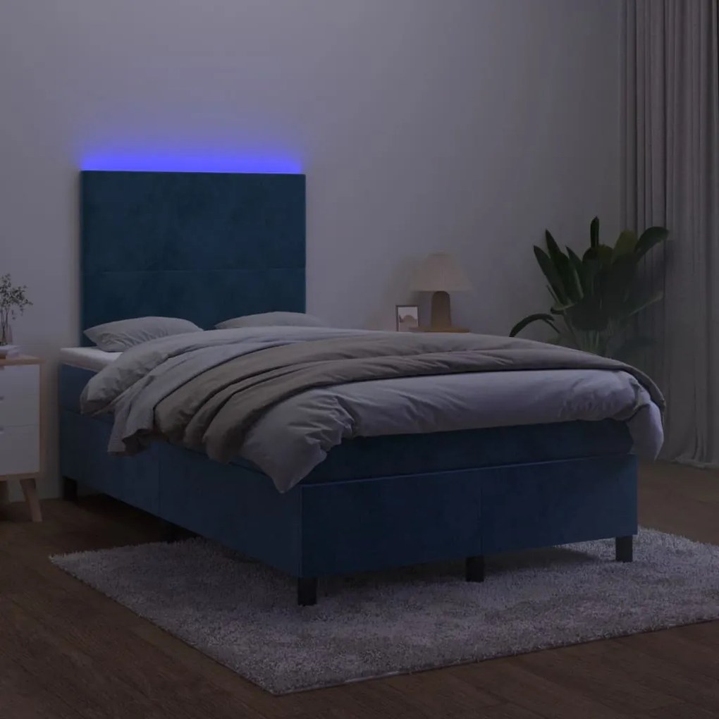 Letto a molle materasso e led blu scuro 120x190 cm in velluto