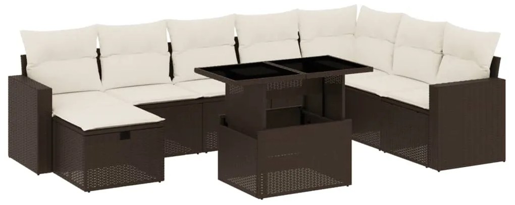 Set divani da giardino 9pz con cuscini marrone in polyrattan