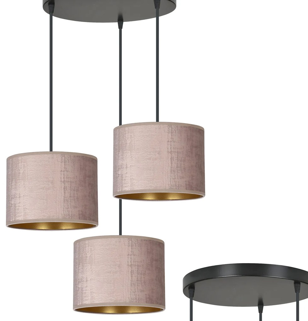 Lampadario Tondo 3 Luci Ganesha In Acciaio Nero E Paralumi In Tessuto Rosa