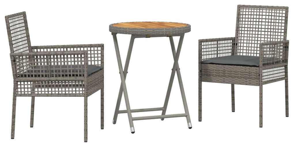 Set bistro da giardino a 3 pezzi con cuscini grigio in rattan sintetico