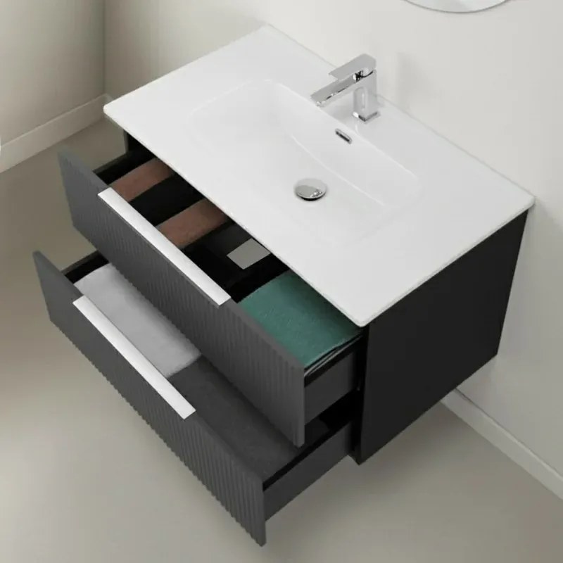 Mobile bagno sospeso 100 cm bicolore grigio cannettato e nero con lavabo e specchio tondo Zena