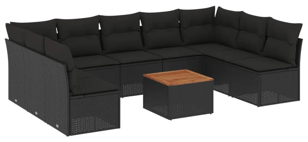 Set divani da giardino 10pz con cuscini in polyrattan nero
