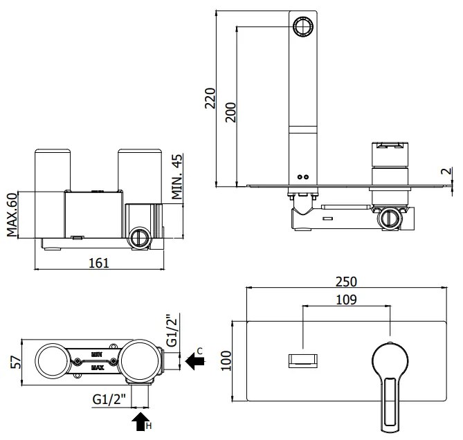 Paffoni West Ws104cr Miscelatore lavabo Incasso 2 Fori Piastra Rettangolare E Bocca Piatta 15 cm Cromo