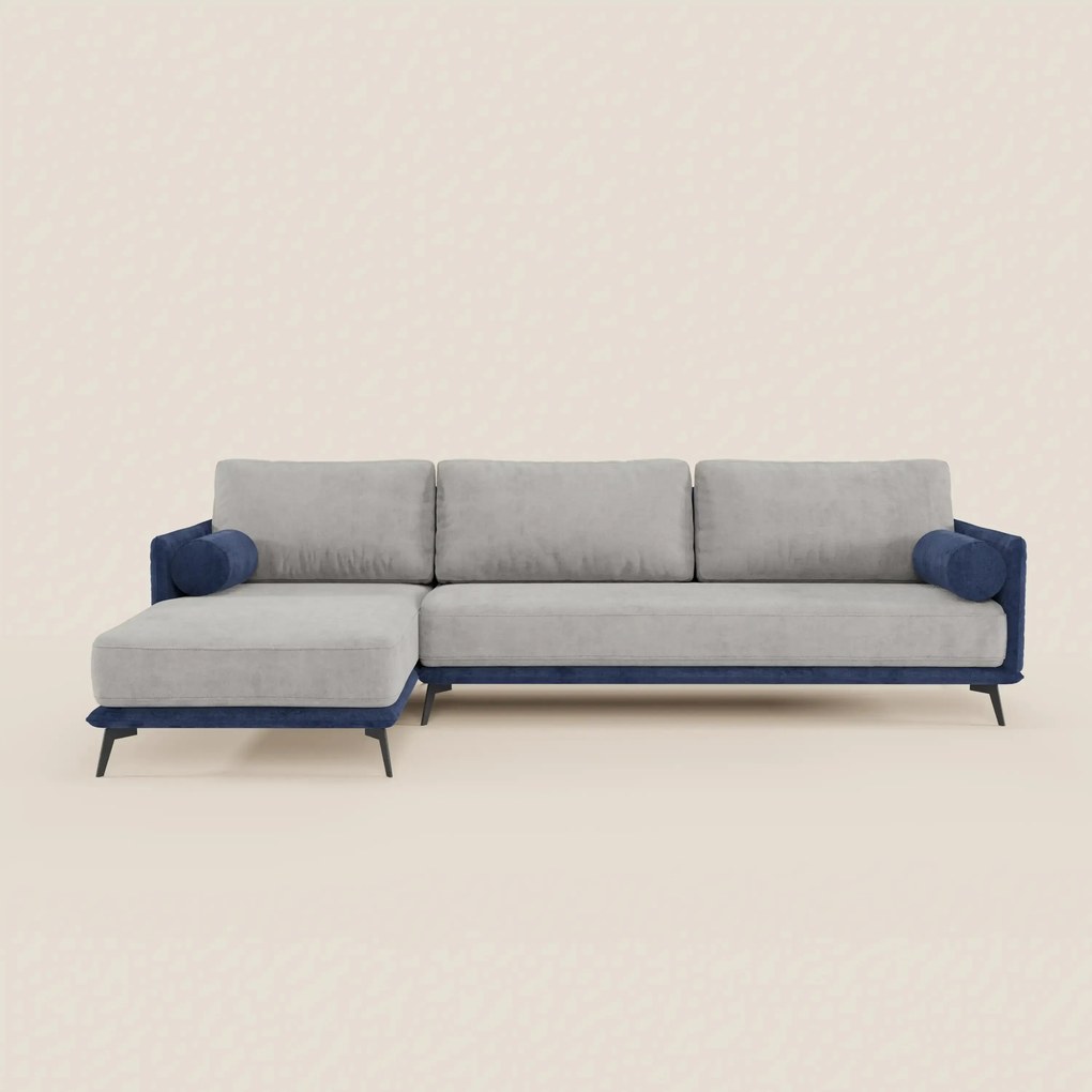 Basalto divano bicolore angolare con penisola e base in metallo - schienali in piuma e tessuto smacchiabile T31