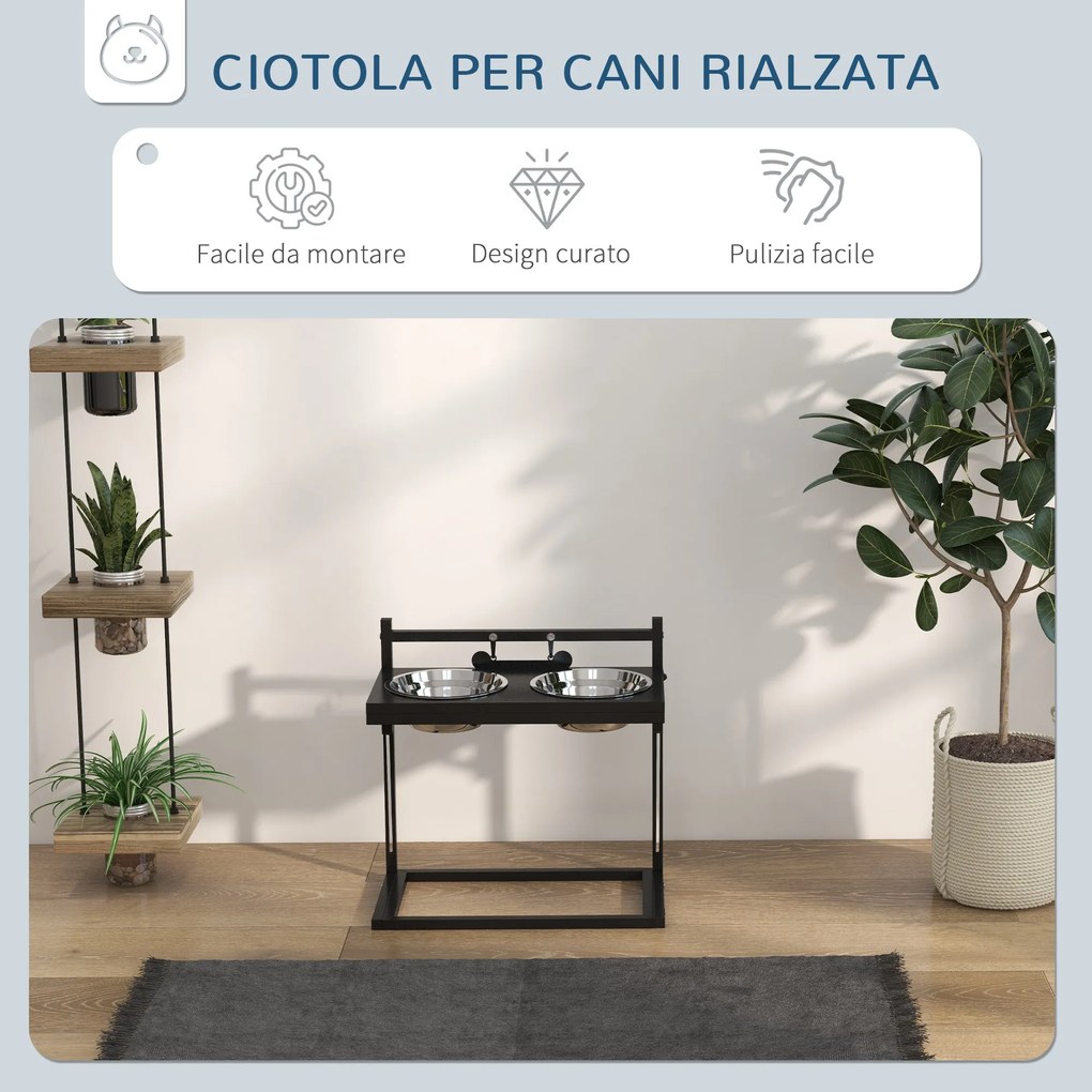 Portaciotole per Cani Rialzata con Altezza Regolabile 40,5x22x39 cm 2 Ciotole in Acciaio da 900ml Nero...