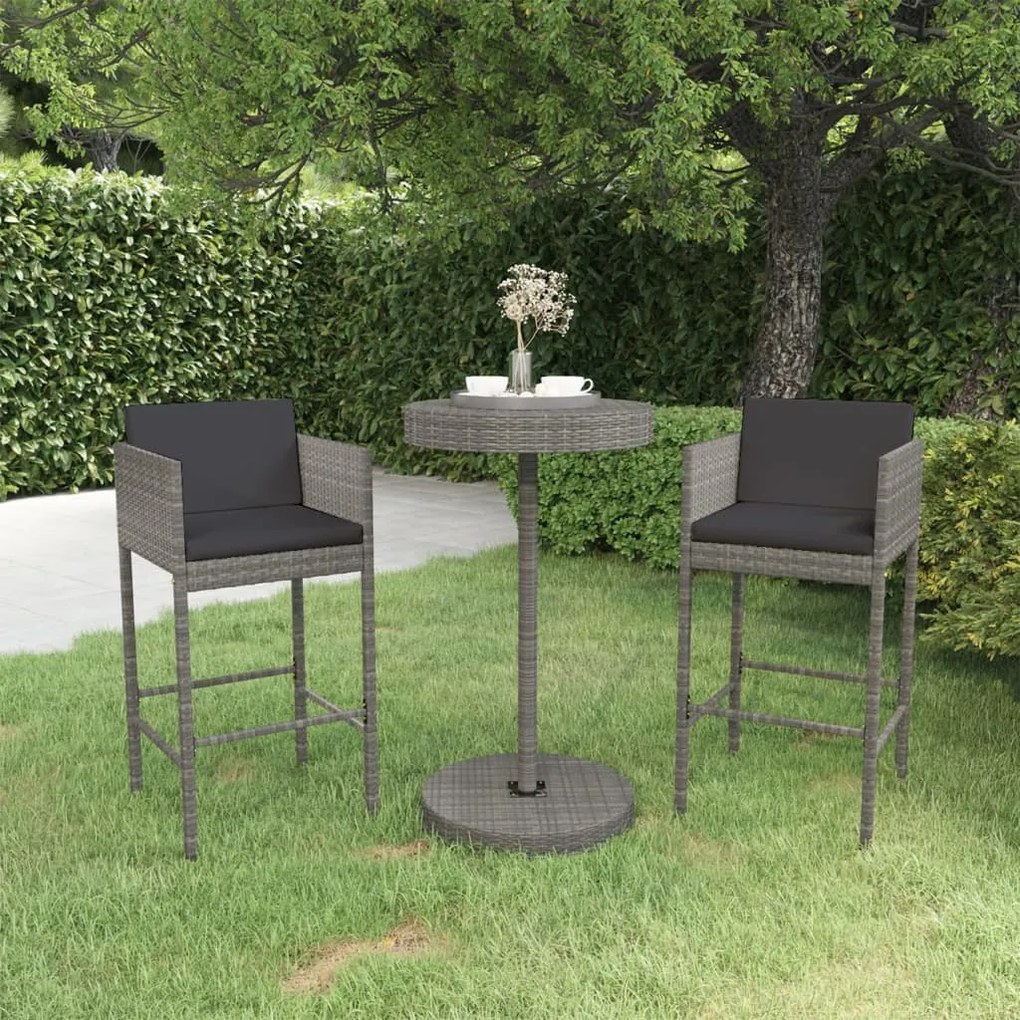 Set bar da giardino 3 pz con cuscini in polyrattan grigio