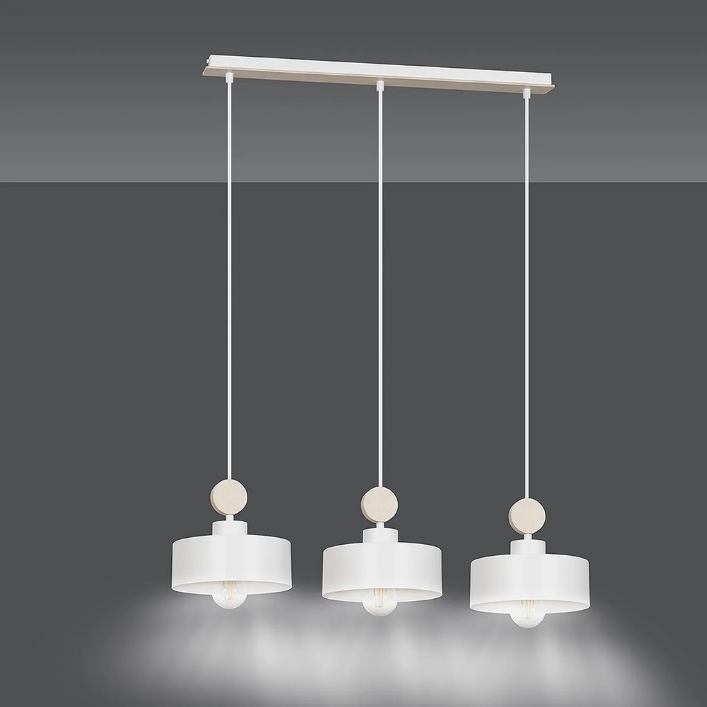 Lampadario 3 Luci Zhurong In Acciaio Bianco E Paralumi Con Legno Naturale