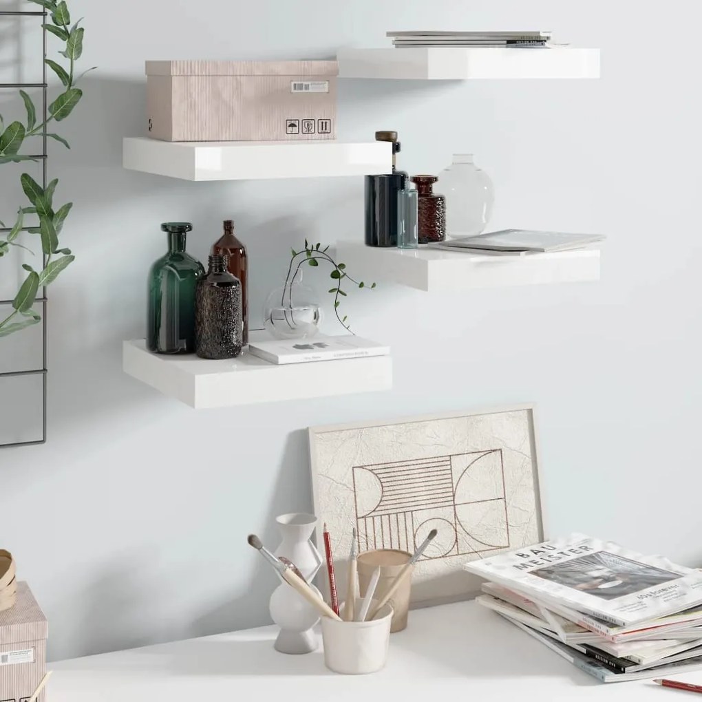 Scaffali A Parete 4 Pz Bianco Lucido 23x23,5x3,8 Cm İn Mdf /