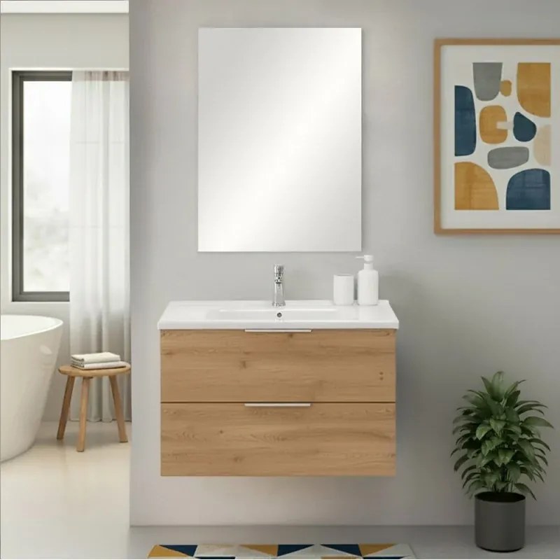 Mobile bagno sospeso 80cm rovere con cassetti lavabo e specchio Elva