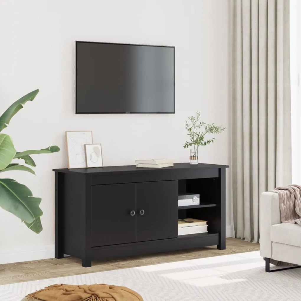 Mobile Porta Tv Nero 103x36,5x52 Cm İn Legno Massello Di Pino /