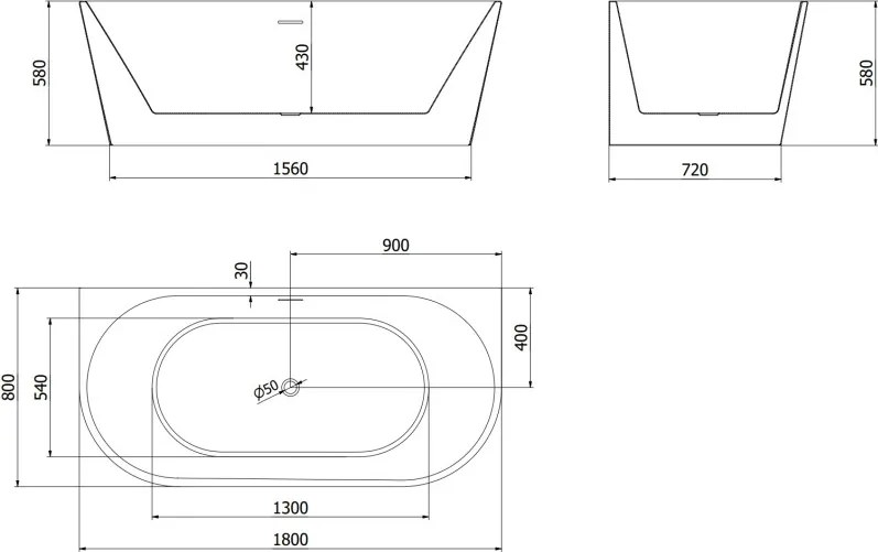Mexen Oval vasca da bagno autoportante adiacente alla parete 180 x 80 cm, bianca, tracimazione nera - 52671808000-70